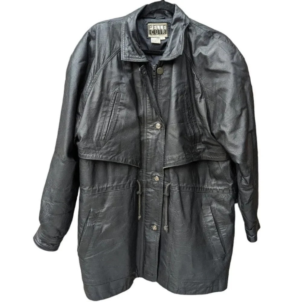 Vintage Pelle Cuir Black Leather Jacket  Zipper & Button Front - Men's Large